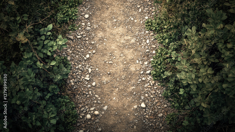 A high-detail aerial shot of a rugged dirt path, bordered by sparse vegetation and pebbles, captured with a cinematic photography style A high-detail aerial shot of a rugged dirt path, bordered by sparse vegetation and pebbles, captured with a cinematic photography style