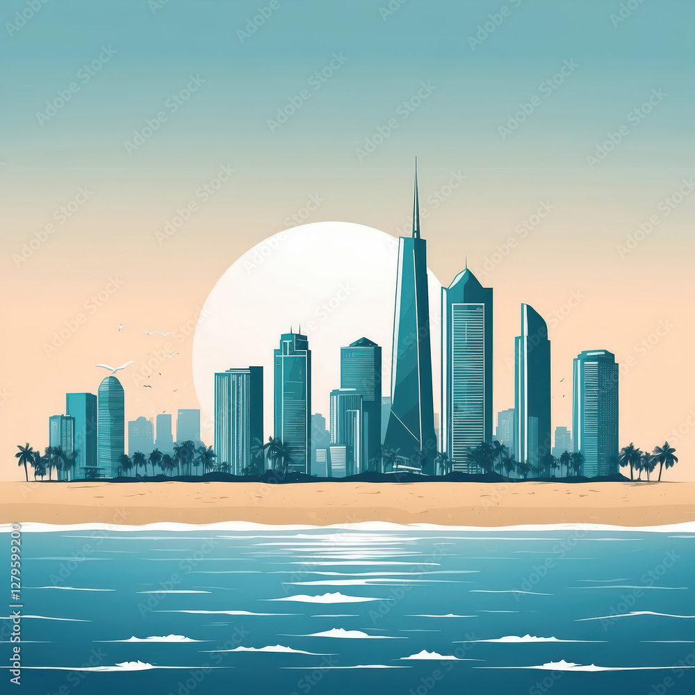 Naklejka premium Cityscape with skyscrapers on the beach.