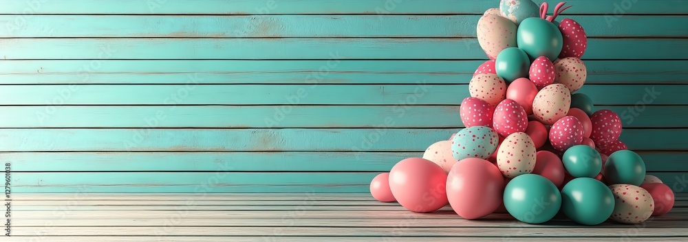 Obraz premium Background includes eggs and a white bunny, representing the Easter concept in modern format