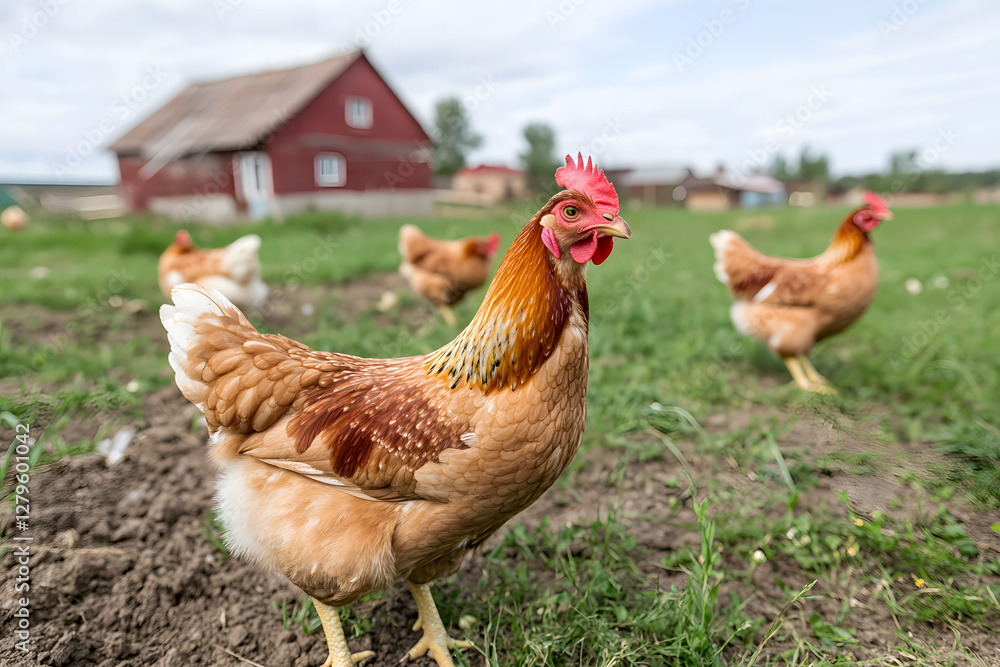 Fototapeta premium Free-range chickens roam freely across a grassy farmyard on a summer day. A red farmhouse stands in the background under a sky of puffy clouds.