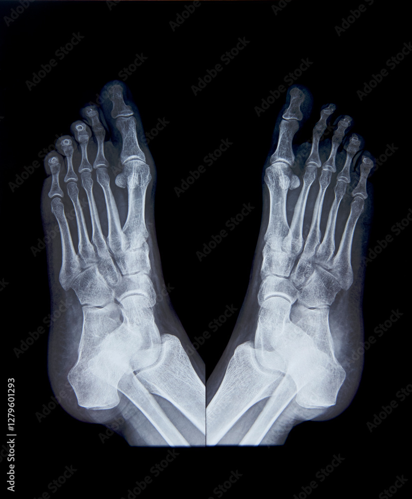 Comparative X-ray of two feet with osteochondral injury damage Comparative X-ray of two feet with osteochondral injury damage