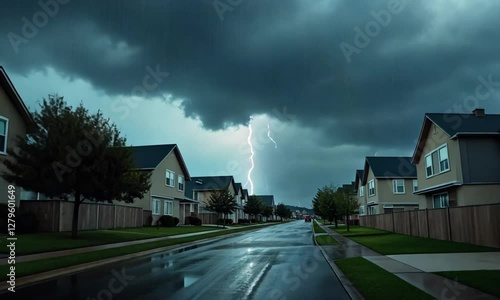Storm lightning striking suburban neighborhood with dark clouds heavy rain and wet streets creating dramatic weather scene in residential area. 