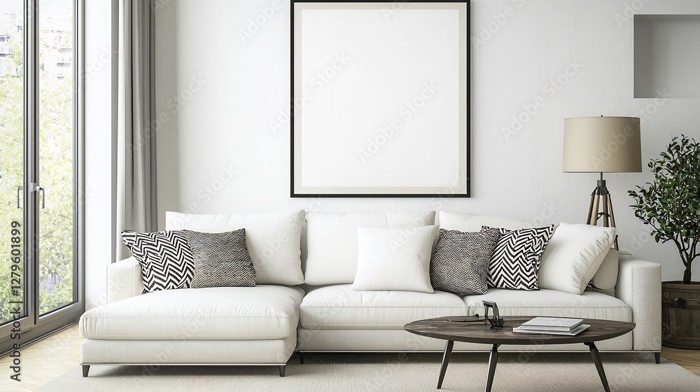 Fototapeta premium Clean elegant interior mockup showcasing ISO A size framed poster Neutral tones minimalist art and sleek decor enhance the stylish modern living space ambiance