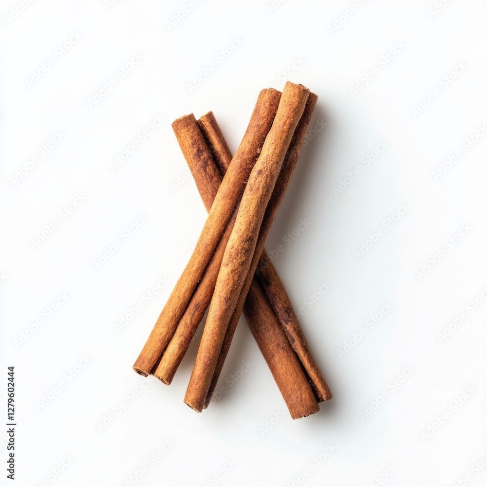 Aromatic cinnamon sticks arranged in a cross pattern on a white background Aromatic cinnamon sticks arranged in a cross pattern on a white background