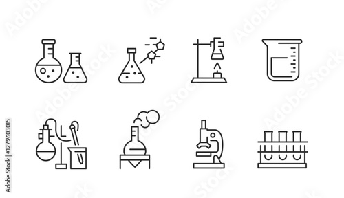 A comprehensive set of 8 chemistry laboratory icons representing scientific tools and processes used in chemical research and experiments, ideal for educational communication. Vector illustration