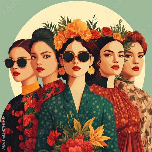 Vintage Floral Fashion Illustration of Women