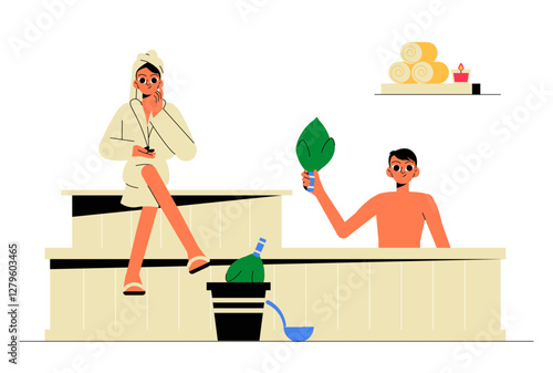 People Relaxing in Sauna in Flat Vector Illustration Symbolizing Wellness, Spa, and Relaxation, Isolated on White Background