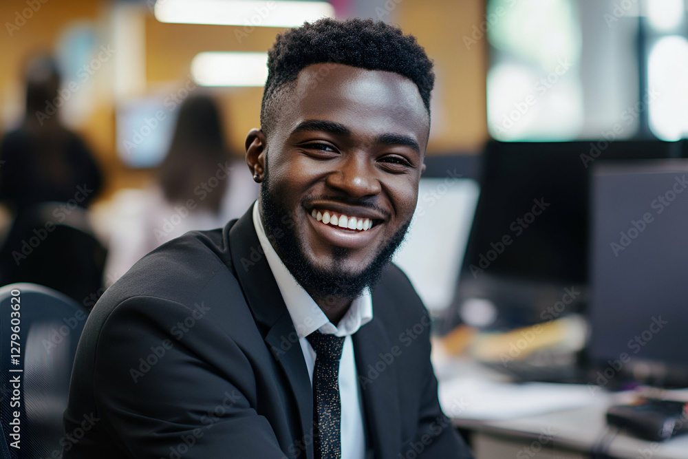Support agent smiling while handling customer inquiries in office Support agent smiling while handling customer inquiries in office