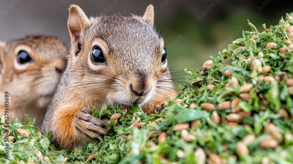Fototapeta premium Two squirrels eating seeds close up