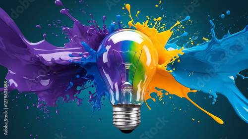 Colorful light bulb surrounded by vibrant purple, yellow, and blue paint splashes representing creativity, energy, and innovation in a dynamic and abstract artistic composition photo