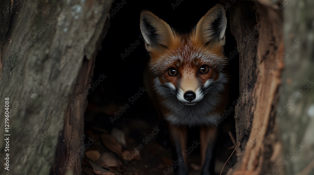 A shy fox peeking out from a den A shy fox peeking out from a den
