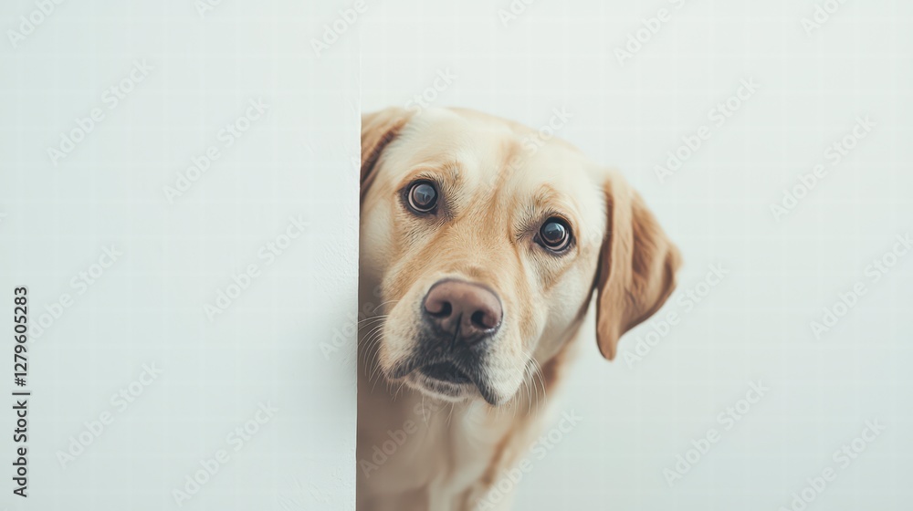 Curious Canine Peeks: A charming Labrador Retriever, with its gentle brown eyes and friendly expression, peers out from behind a blank surface. Curious Canine Peeks: A charming Labrador Retriever, with its gentle brown eyes and friendly expression, peers out from behind a blank surface.