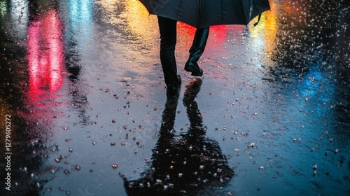 Rainy City Streets - Walking in Puddles - Night Reflections - People - Urban Scene - Photo photo