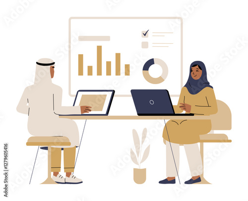 Business Analysis With Arab Man And Woman In Flat Vector Illustration Symbolizing Data Review, Corporate Strategy, And Decision Making, Isolated On White Background