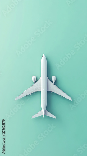 A top view of a white airplane model on a mint green background, representing air travel, transportation, and flight in a clean, minimalist design concept.