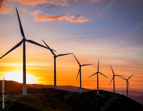 Wallpaper Mural A row of wind turbines spinning on a hilltop, silhouetted against a vibrant sunset sky. Torontodigital.ca