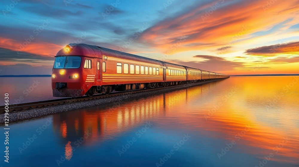 Scenic Red Train on Tracks Under Colorful Sunset Sky Reflection Scenic Red Train on Tracks Under Colorful Sunset Sky Reflection