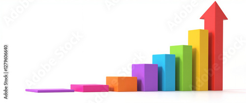 Colorful 3D bar graph representing growth with an upward arrow conveying success and innovation in a minimalist setting