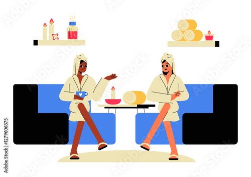 Two Women Relaxing In A Spa Lounge, Drinking Tea And Chatting, Flat Vector Illustration Symbolizing Wellness, Self Care, And Relaxation, Isolated On White Background