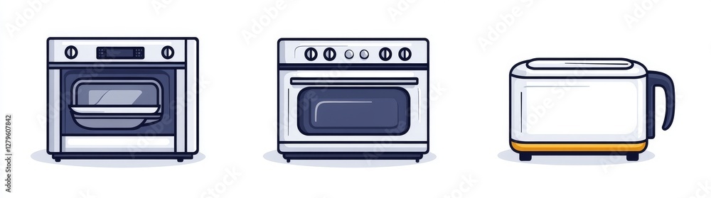Three icons representing kitchen appliances: a stove, an oven, and a range. With their simple, clean designs, they are ideal for websites or apps Three icons representing kitchen appliances: a stove, an oven, and a range. With their simple, clean designs, they are ideal for websites or apps