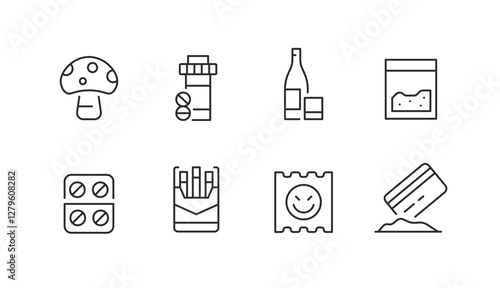 Pharmaceuticals and Drugs icons. Set of 8 minimalist icons related to medical and recreational substances. Includes representations for various drugs and treatments. Vector illustration.
