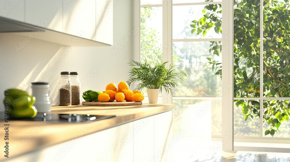 Bright Kitchen Countertop Still Life with Citrus Fruits and Window Bright Kitchen Countertop Still Life with Citrus Fruits and Window