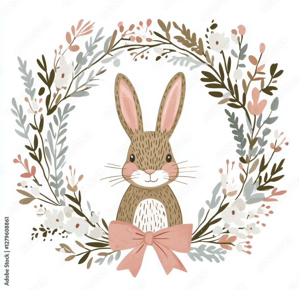 A watercolor illustration Easter card featuring a bunny, flowers, leaves, and a wreath. Set against a white background, it's hand-drawn clipart ideal for cards, postcards, tags, invitations, A watercolor illustration Easter card featuring a bunny, flowers, leaves, and a wreath. Set against a white background, it's hand-drawn clipart ideal for cards, postcards, tags, invitations,