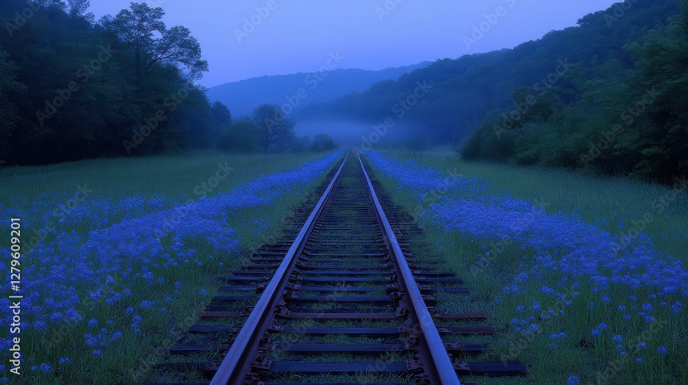 Fototapeta premium Serene Blue Flowers Along Abandoned Railway Track in Early Morning Light