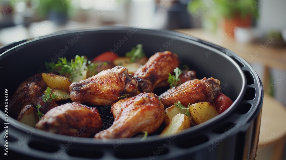 Crispy chicken wings and roasted potatoes in an air fryer, garnished with herbs, in a cozy kitchen Crispy chicken wings and roasted potatoes in an air fryer, garnished with herbs, in a cozy kitchen