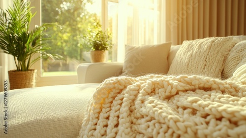 A stylish living room with a white sofa, comfortable blankets, lush greenery, and natural decor, creating a calm and hospitable space