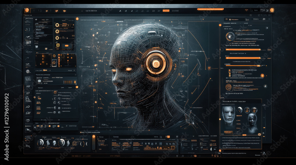 Obraz premium Futuristic ai interface with human-like head display and cybernetic data elements