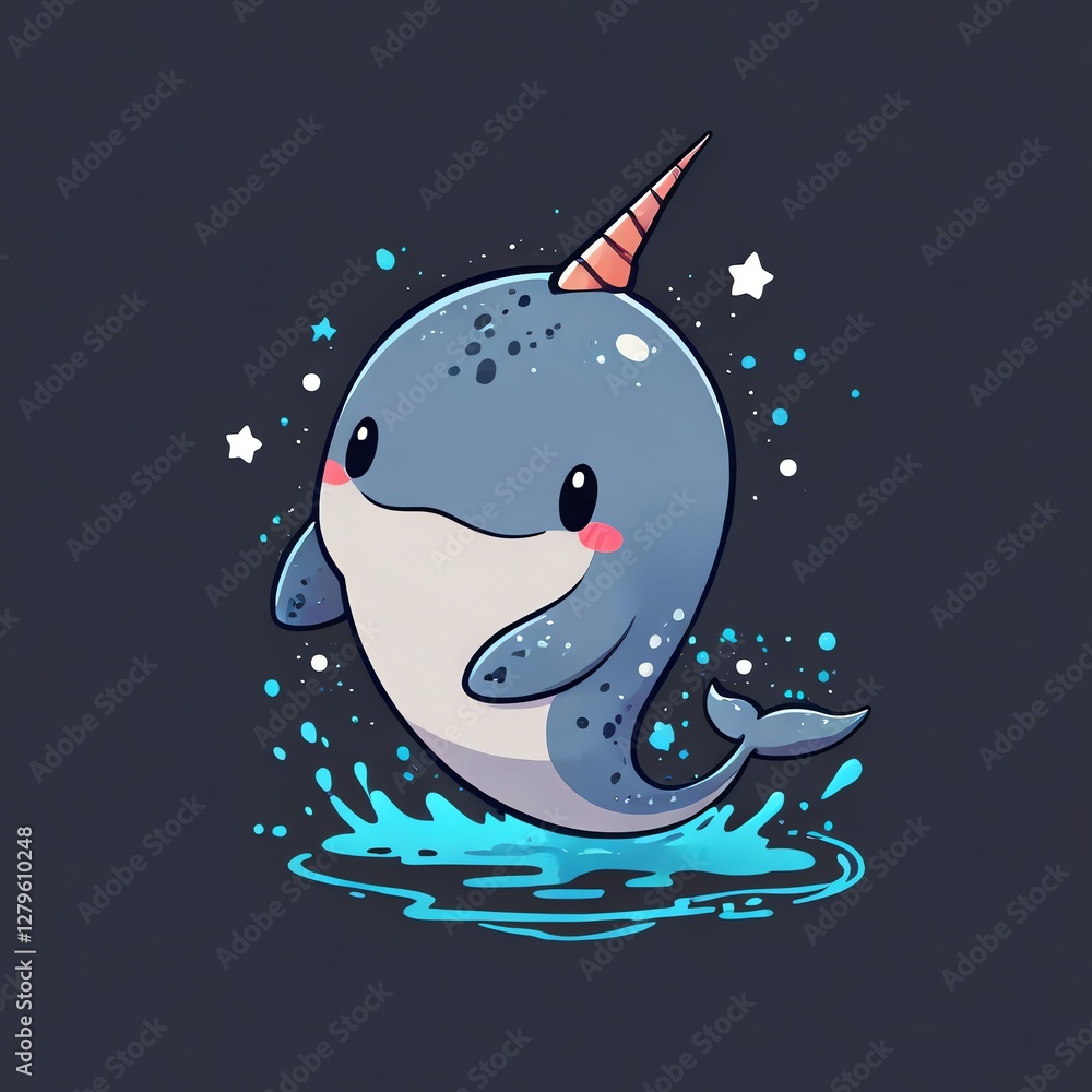 Adorable Narwhal Splashing in the Sea: A Cute Cartoon Illustration Adorable Narwhal Splashing in the Sea: A Cute Cartoon Illustration