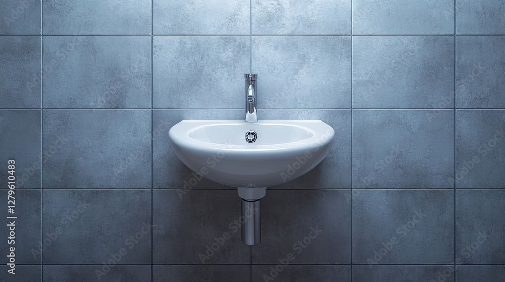 Fototapeta premium Bathroom scene with a white sink, cosmetics, and a toothbrush displayed on a stand, seen from above