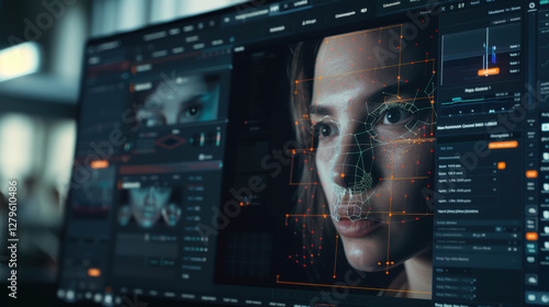 Obraz na płótnie Advanced facial recognition technology on computer screen with interface and data analysis elements w salonie