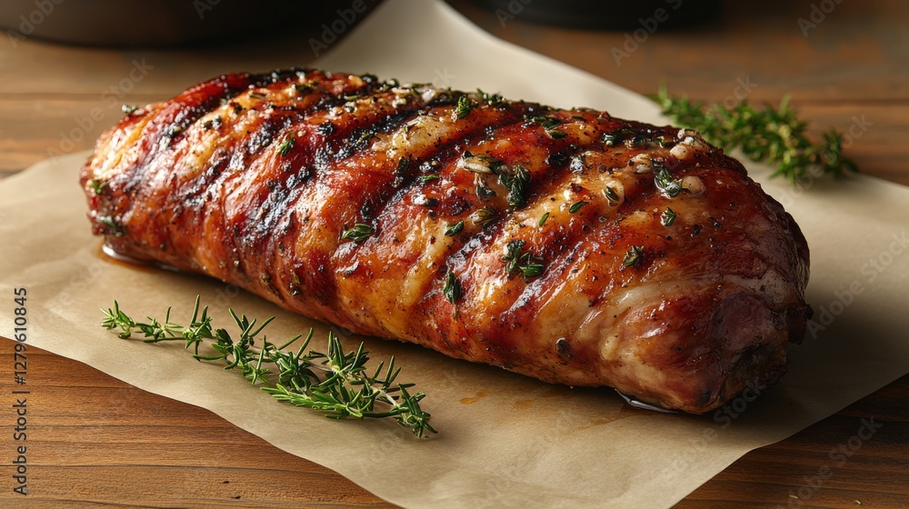Smoked turkey leg wrapped in parchment with crispy skin and herbs on a rustic wooden table Smoked turkey leg wrapped in parchment with crispy skin and herbs on a rustic wooden table