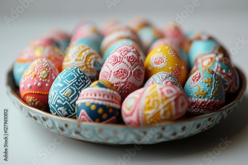 The basket is adorned with a collection of vibrant Easter eggs photo