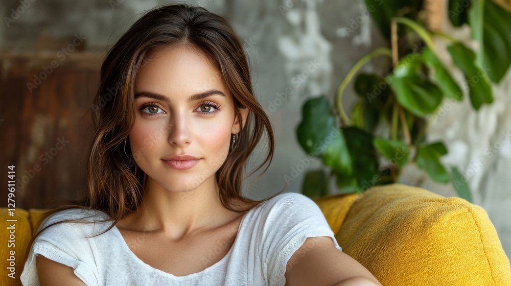 A concrete wall serves as the backdrop for a sofa and a yellow chair in a studio apartment