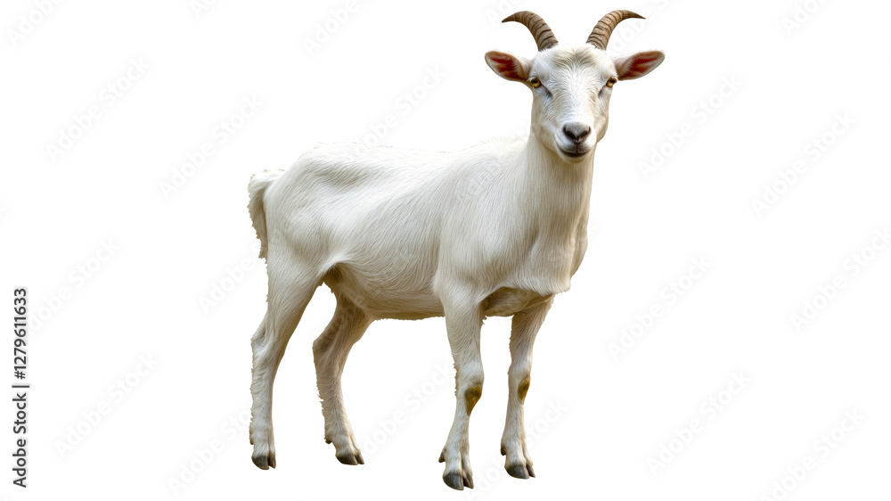 White goat standing in a pasture on a sunny day White goat standing in a pasture on a sunny day