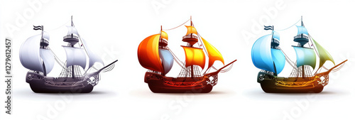 A Set vector illustration of  sailing ship and pirate ship boat on the sea, featuring a nautical scene with various vessels like a tanker, tugboat, and fishing boats 