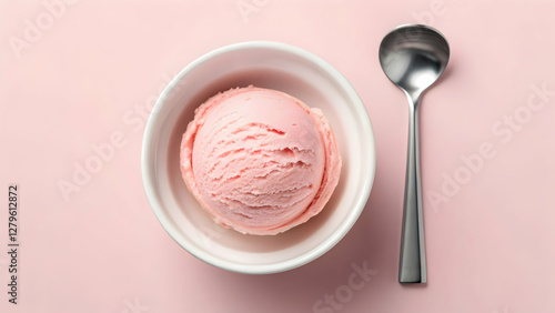 Single Scoop of Strawberry Ice Cream in White Bowl on Pastel Background