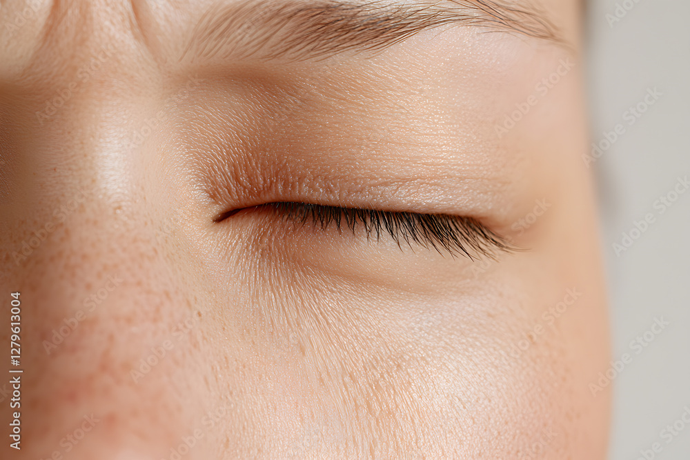 Macro view of a closed eye shows delicate skin texture, eyelashes, and subtle freckles. Focus on the purity and detail. Intimate skincare concept.