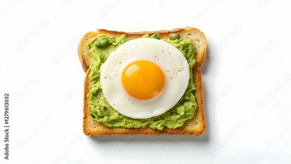 Healthy Avocado Toast with Sunny-Side-Up Egg on White Background Healthy Avocado Toast with Sunny-Side-Up Egg on White Background