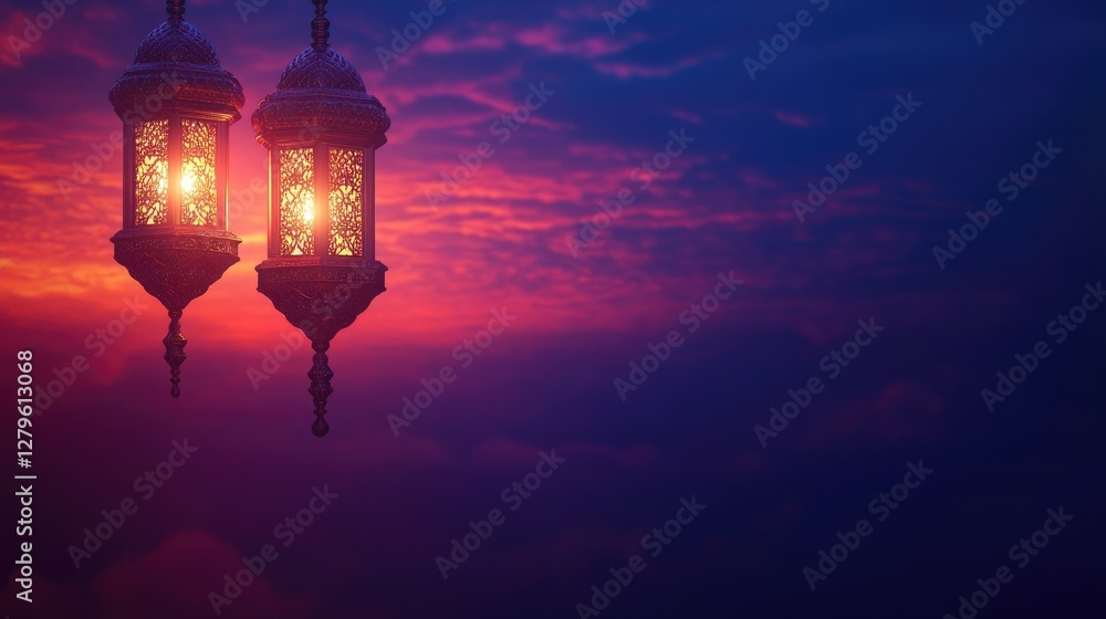 Fototapeta premium Ramadan background with colorful elegant lanterns, night sky, deep blue-purple-orange gradient, warm lighting, ample copy space for text and graphics