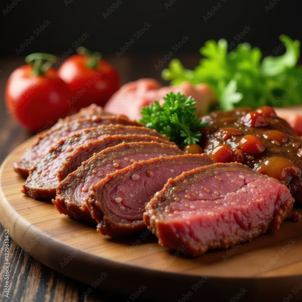 Hearty mixed meat platter served on a wooden board , turkey, lamb, beef Hearty mixed meat platter served on a wooden board , turkey, lamb, beef