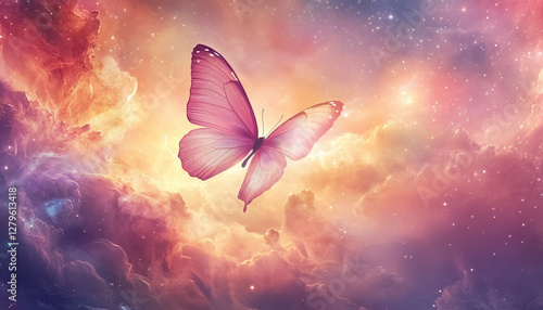 magical fantasy colorful butterfly on pink night sky with stars and nebulas background, creative illustration