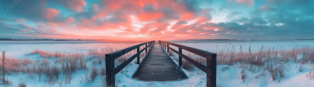 Obraz premium A wooden boardwalk stretches towards the ocean. The beach is sandy, the water is calm, the sky is blue, and there are no clouds