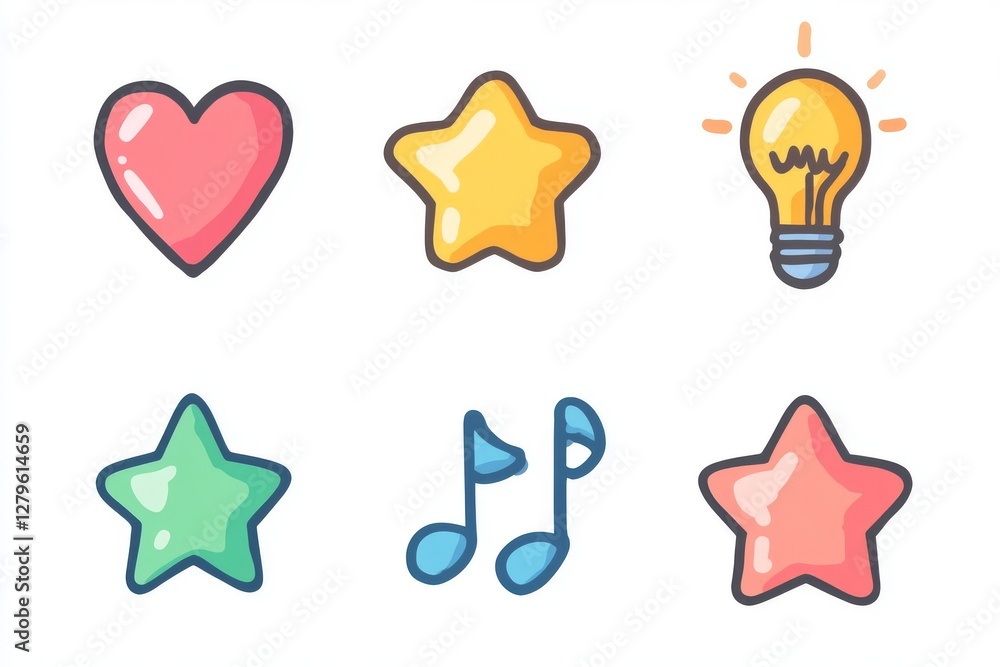 Vibrant hand-drawn icons symbolizing love, music, ideas, and nature Vibrant hand-drawn icons symbolizing love, music, ideas, and nature