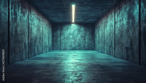 The basement room situated on the bottom floor of the parking lot in the building is empty and showcases a modern abstract minimal background with an industrial cast concrete style