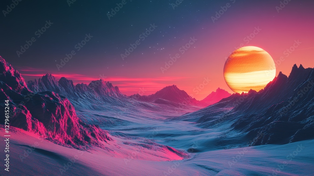 A beautiful, colorful, and surreal landscape with a large A beautiful, colorful, and surreal landscape with a large