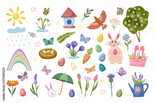 Vector spring elements set. Springtime cute stickers for poster and greeting cards. Hand drawn illustration with flowers, butterfly, Easter bunny and eggs, birds and other decoration. 